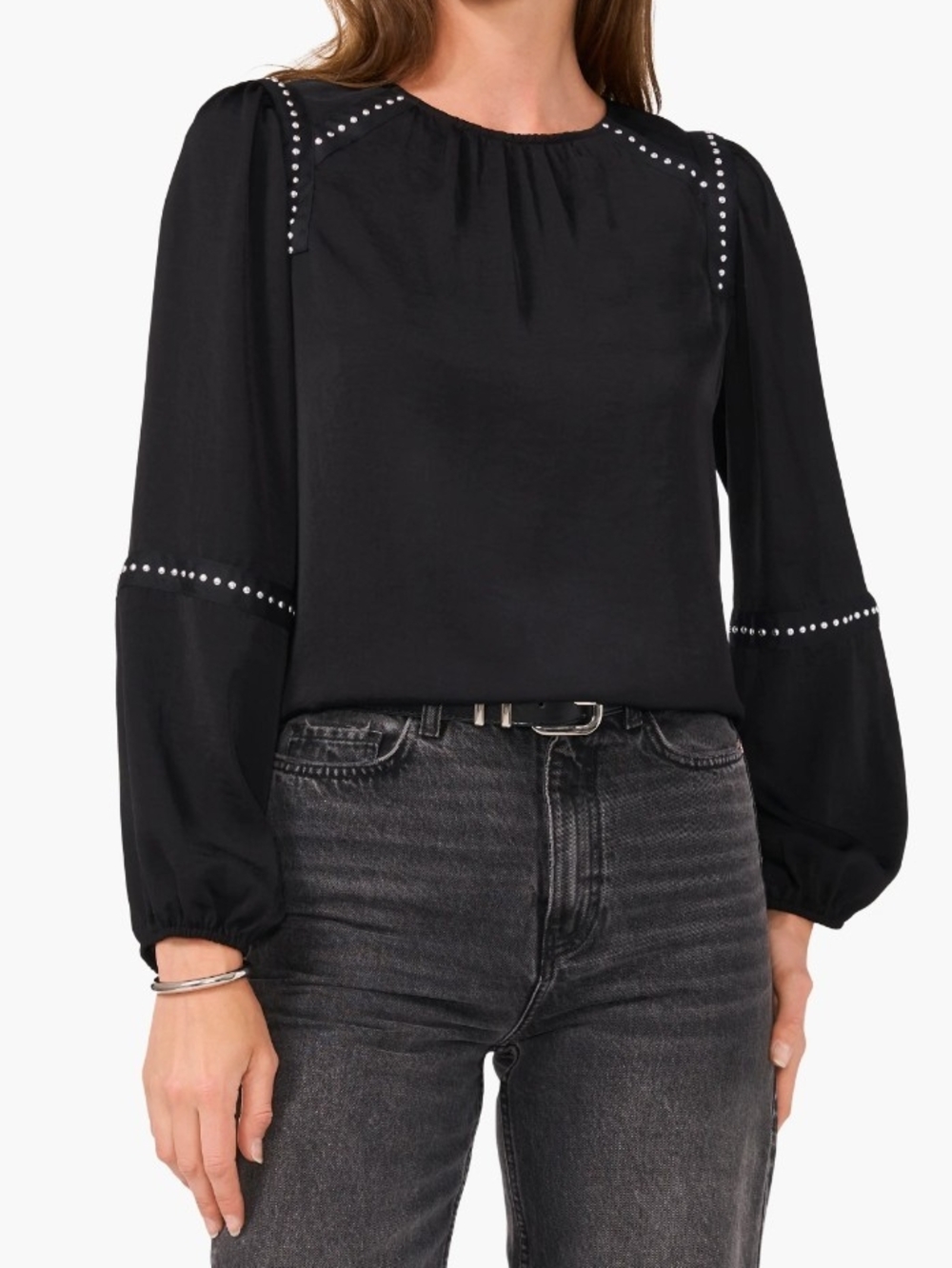 Vince Camuto Black Stud-Trim Balloon-Sleeve Blouse